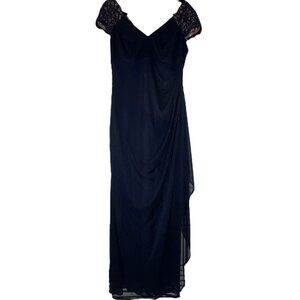 X by Xscape Navy Blue Chiffon Gown Lace Cp Sleeves - Size 8